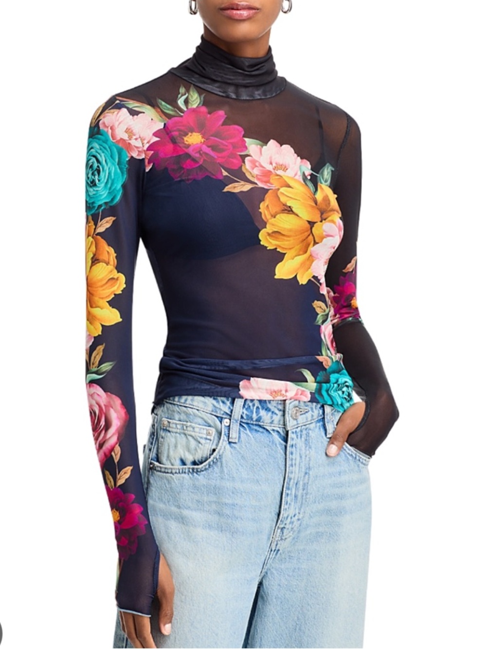 AFRM Zadie Floral Mesh Top - XS Navy Blue Floral Sheer Mock Neck Long Sleeve